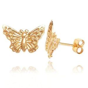 14K Solid Yellow Gold Butterfly Stamp Stud Pushback Stud Earrings Medium 9x6mm